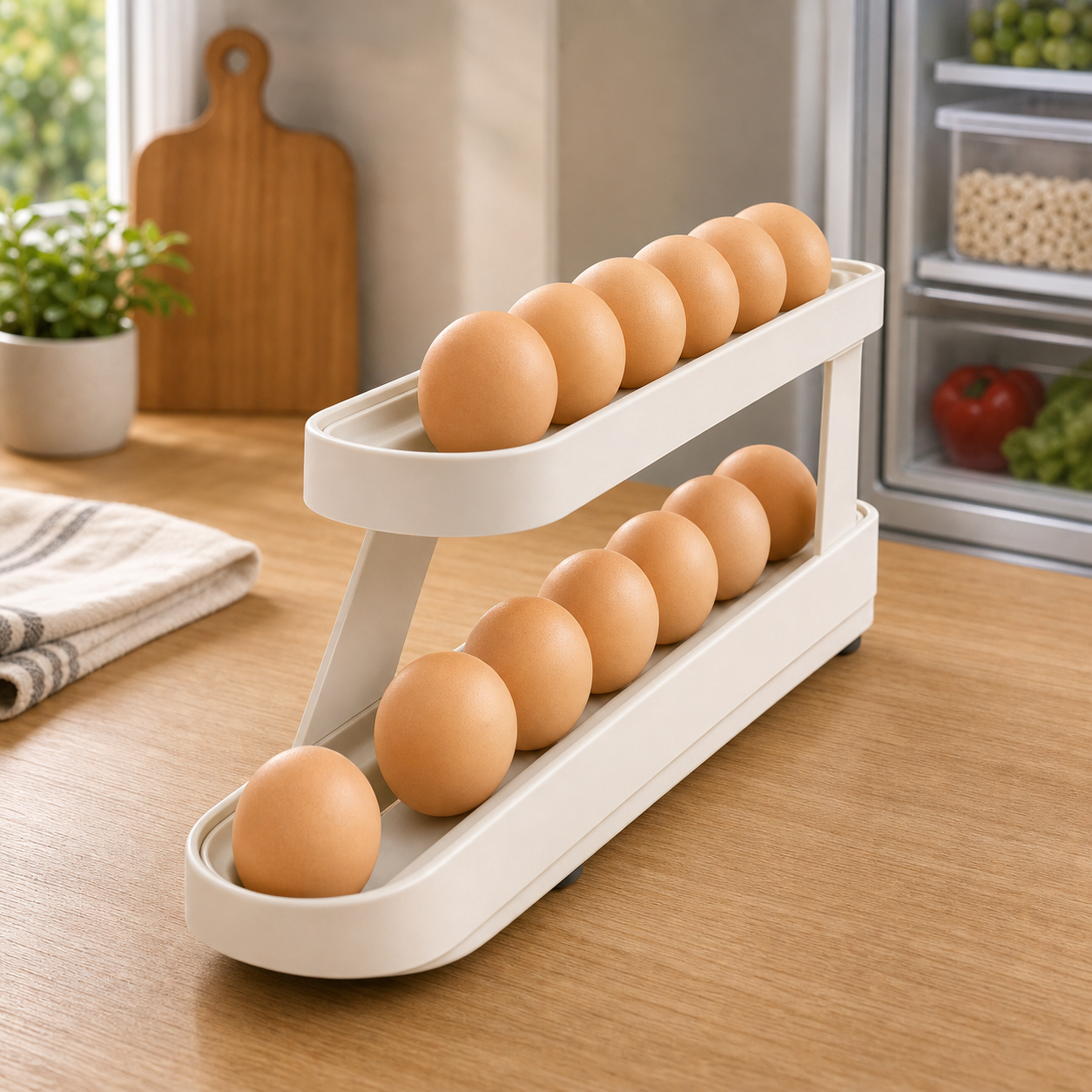 Automatic Rolling Egg Rack - 2-Tier Refrigerator Egg Organizer