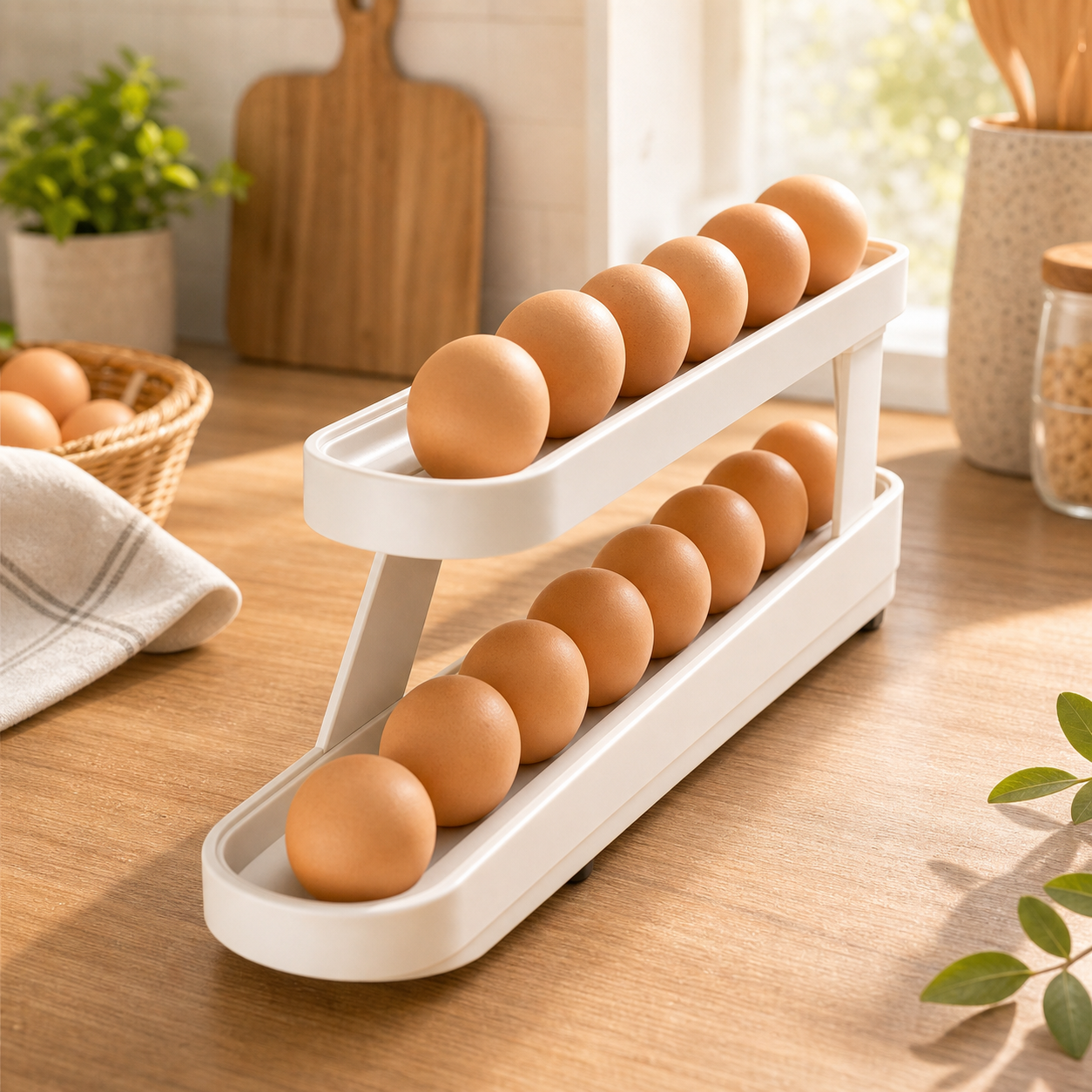 Automatic Rolling Egg Rack - 2-Tier Refrigerator Egg Organizer