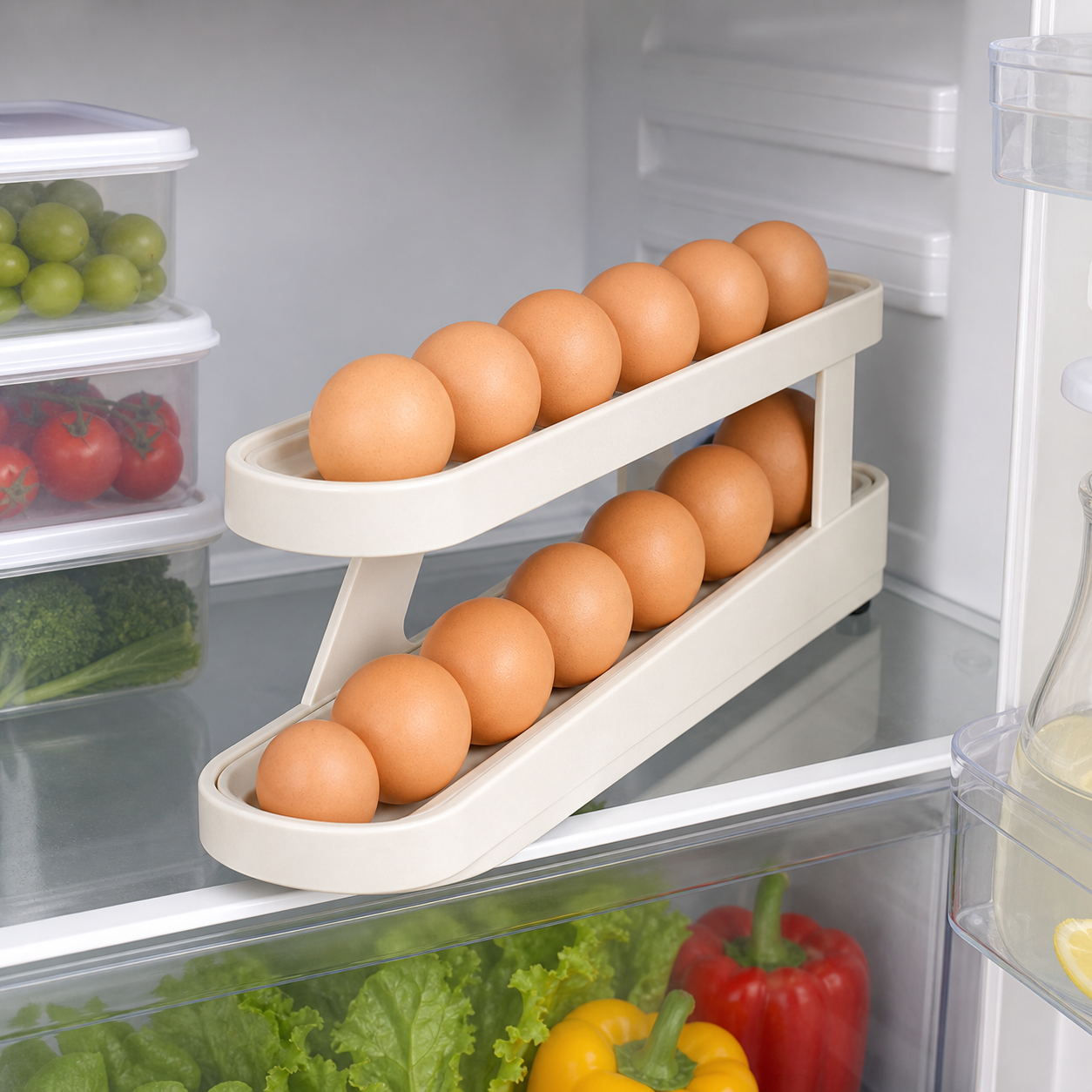 Automatic Rolling Egg Rack - 2-Tier Refrigerator Egg Organizer