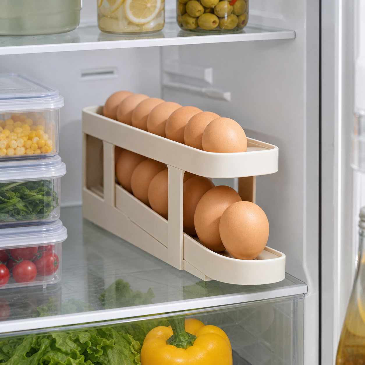 Automatic Rolling Egg Rack - 2-Tier Refrigerator Egg Organizer