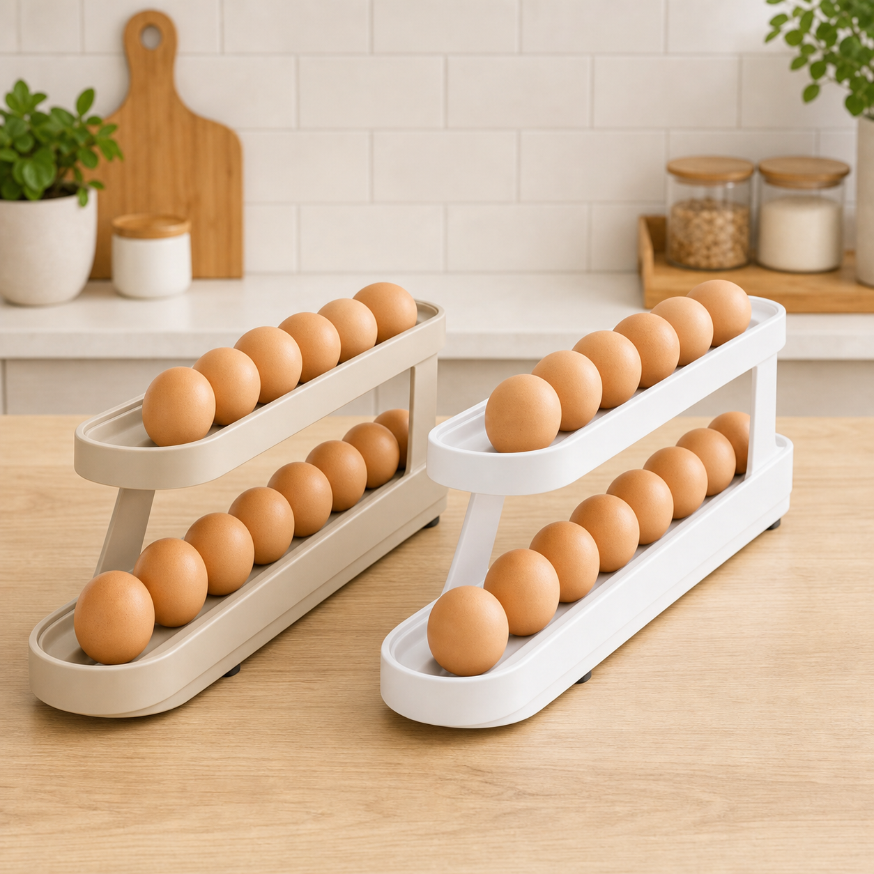 Automatic Rolling Egg Rack - 2-Tier Refrigerator Egg Organizer