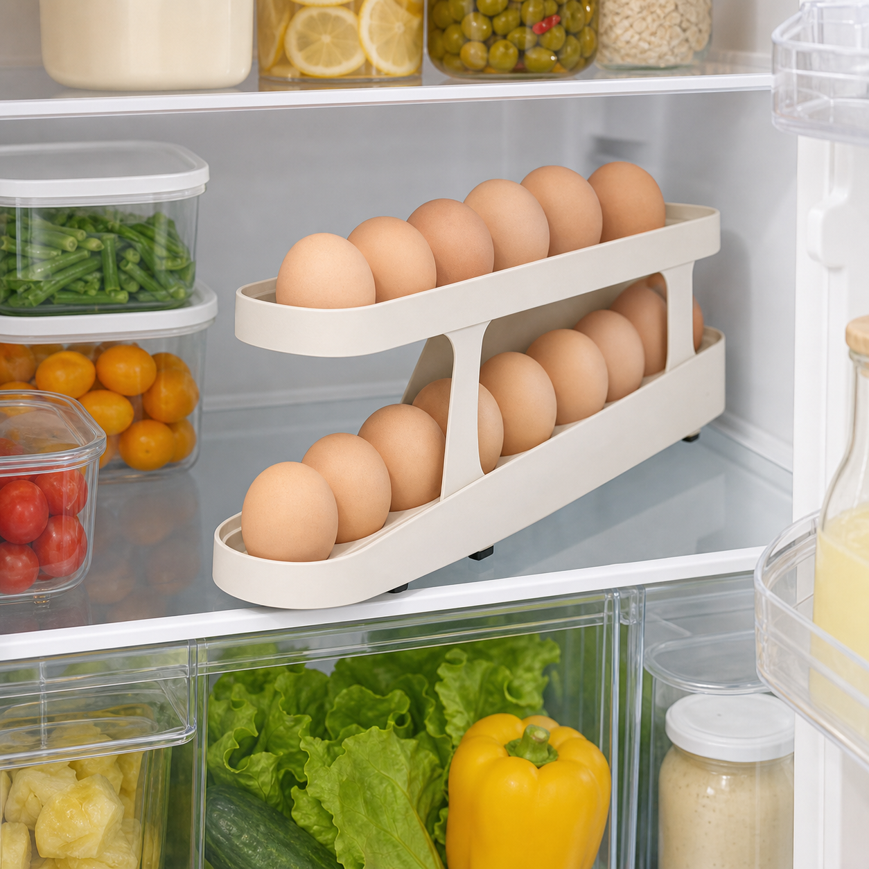 Automatic Rolling Egg Rack - 2-Tier Refrigerator Egg Organizer