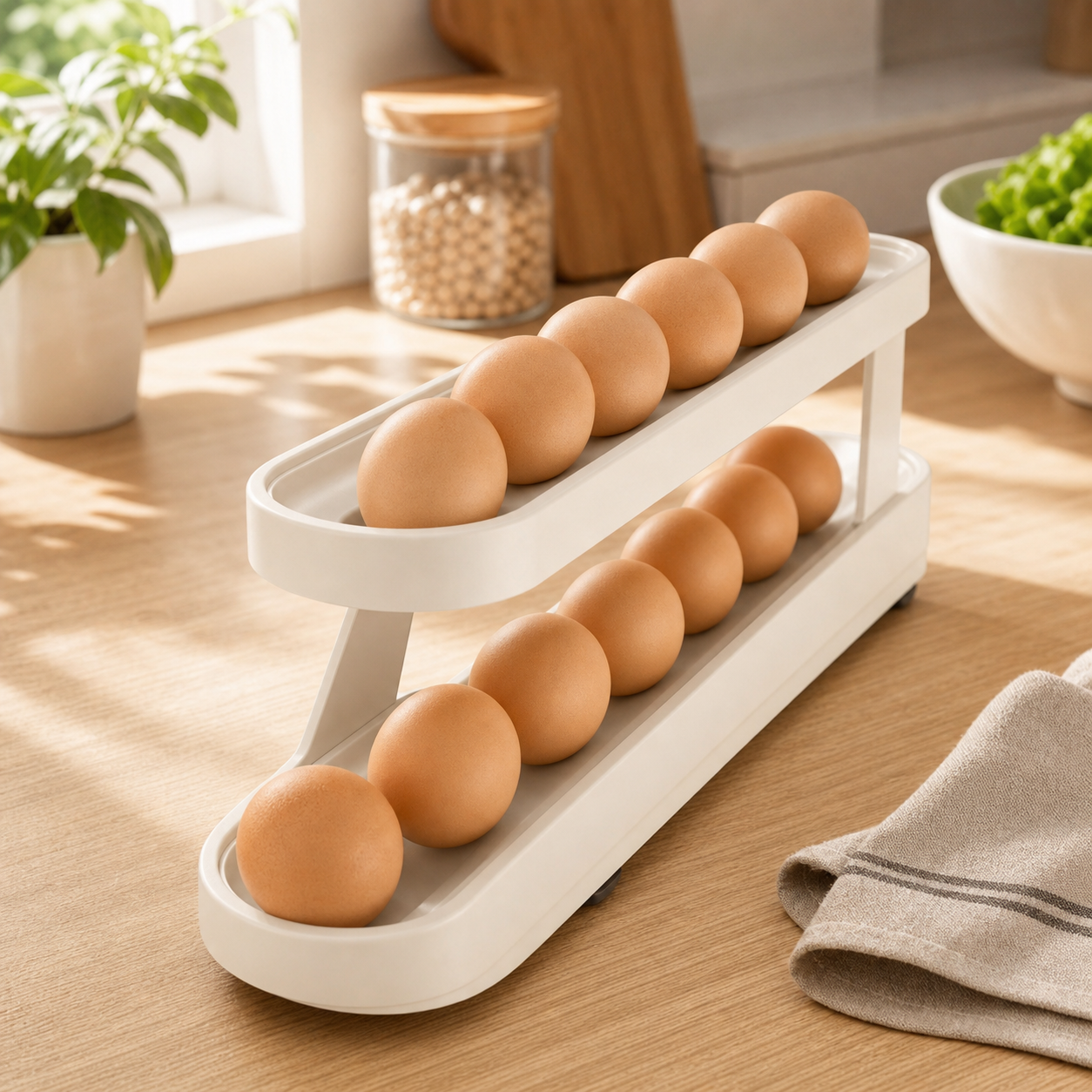 Automatic Rolling Egg Rack - 2-Tier Refrigerator Egg Organizer