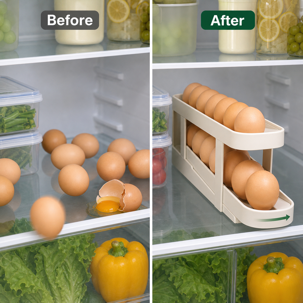 Automatic Rolling Egg Rack - 2-Tier Refrigerator Egg Organizer