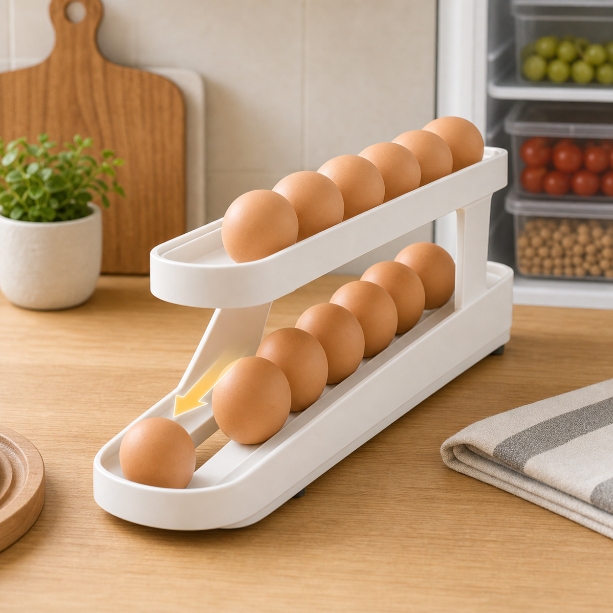 Automatic Rolling Egg Rack - 2-Tier Refrigerator Egg Organizer