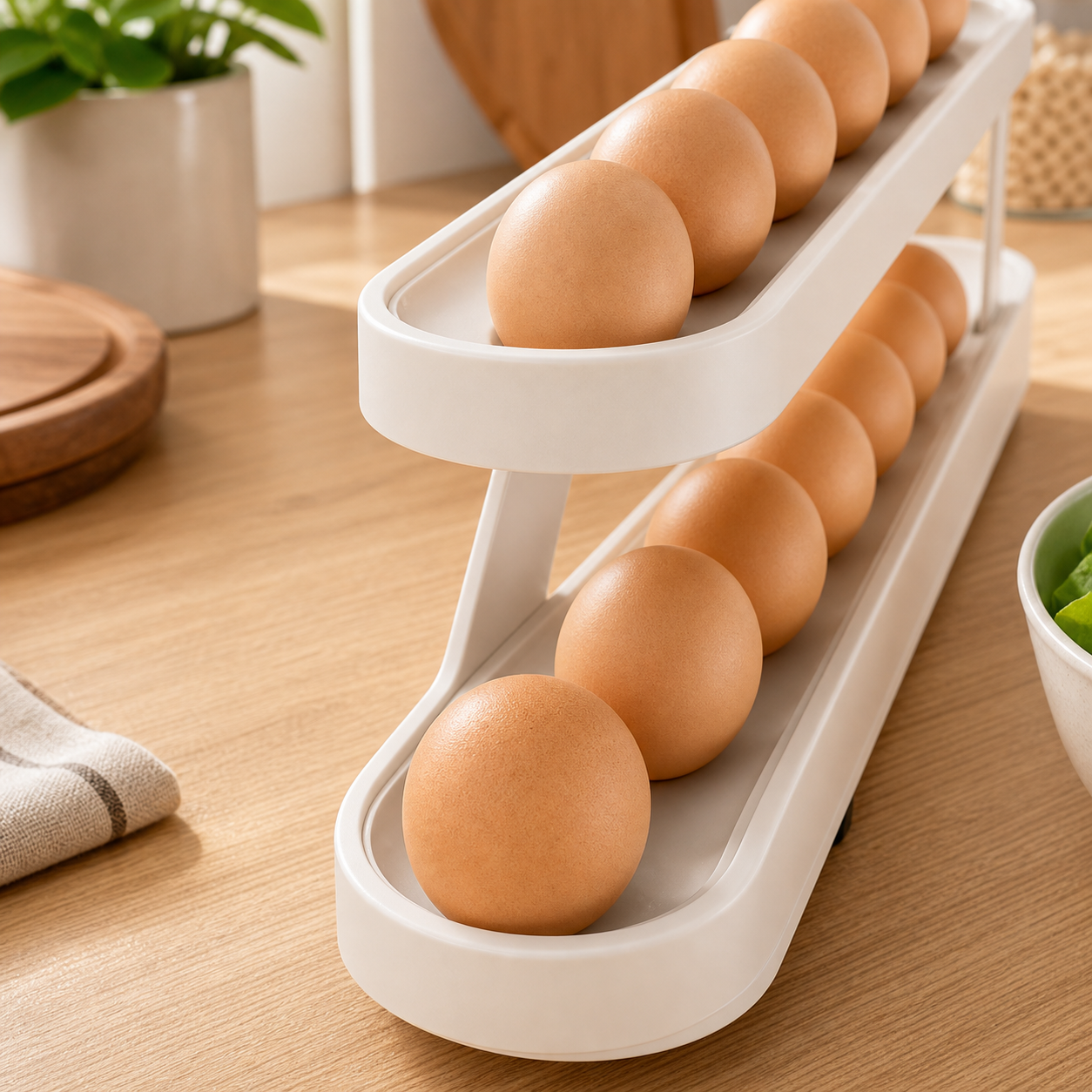 Automatic Rolling Egg Rack - 2-Tier Refrigerator Egg Organizer