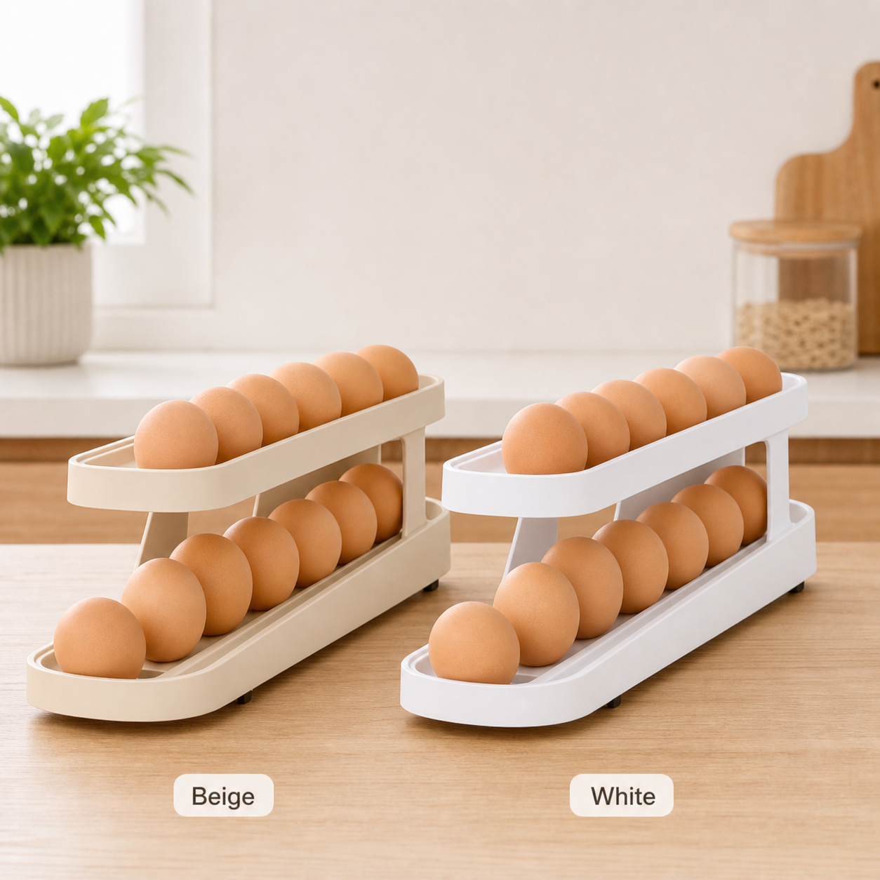 Automatic Rolling Egg Rack - 2-Tier Refrigerator Egg Organizer