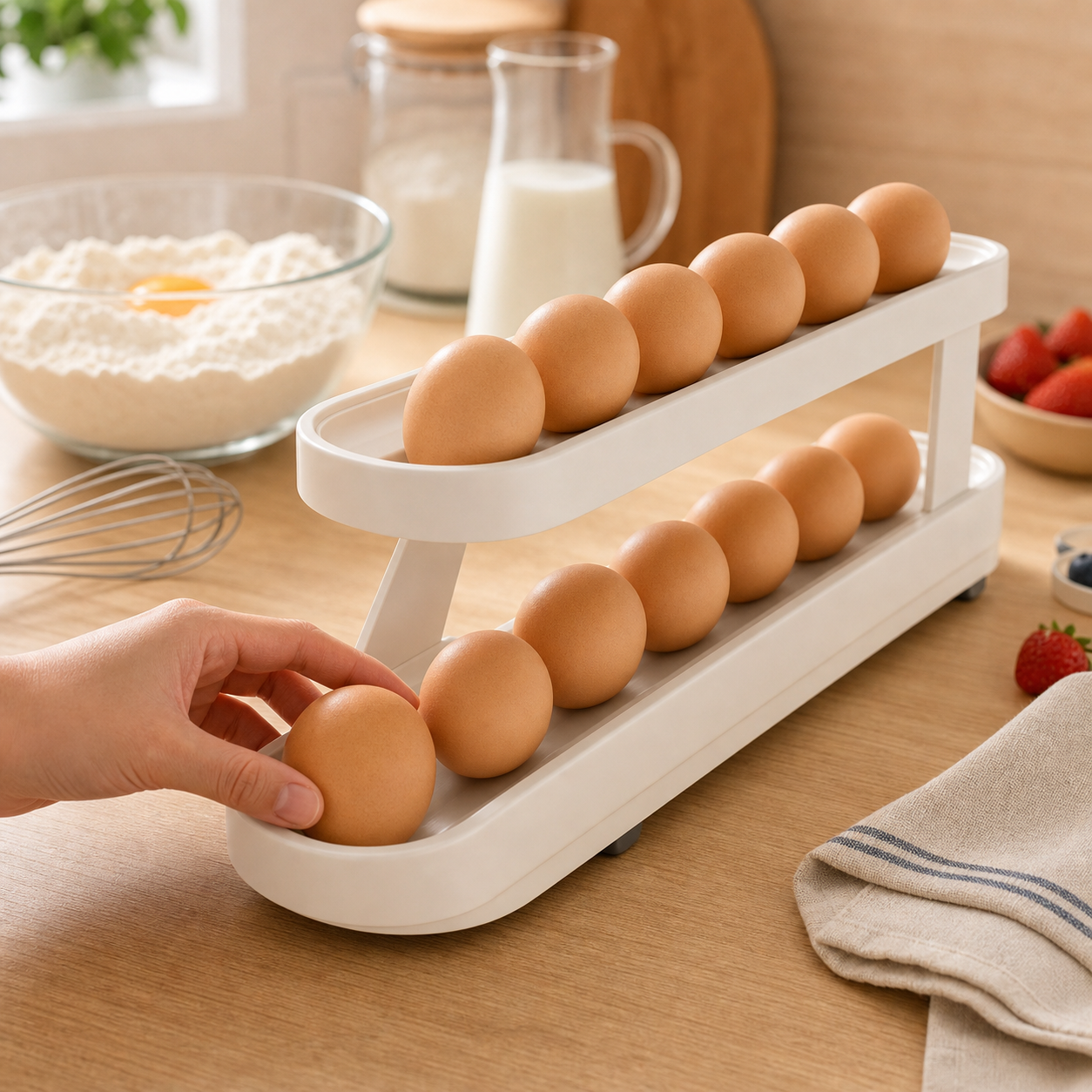 Automatic Rolling Egg Rack - 2-Tier Refrigerator Egg Organizer