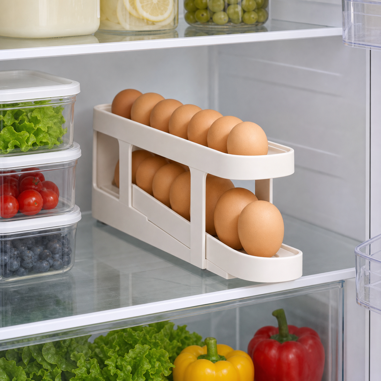 Automatic Rolling Egg Rack - 2-Tier Refrigerator Egg Organizer