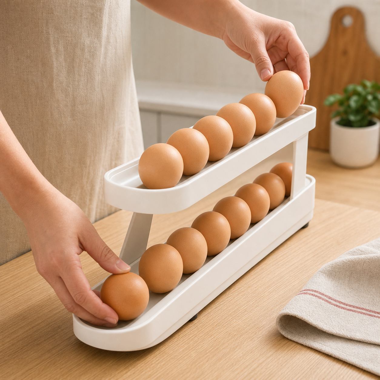 Automatic Rolling Egg Rack - 2-Tier Refrigerator Egg Organizer