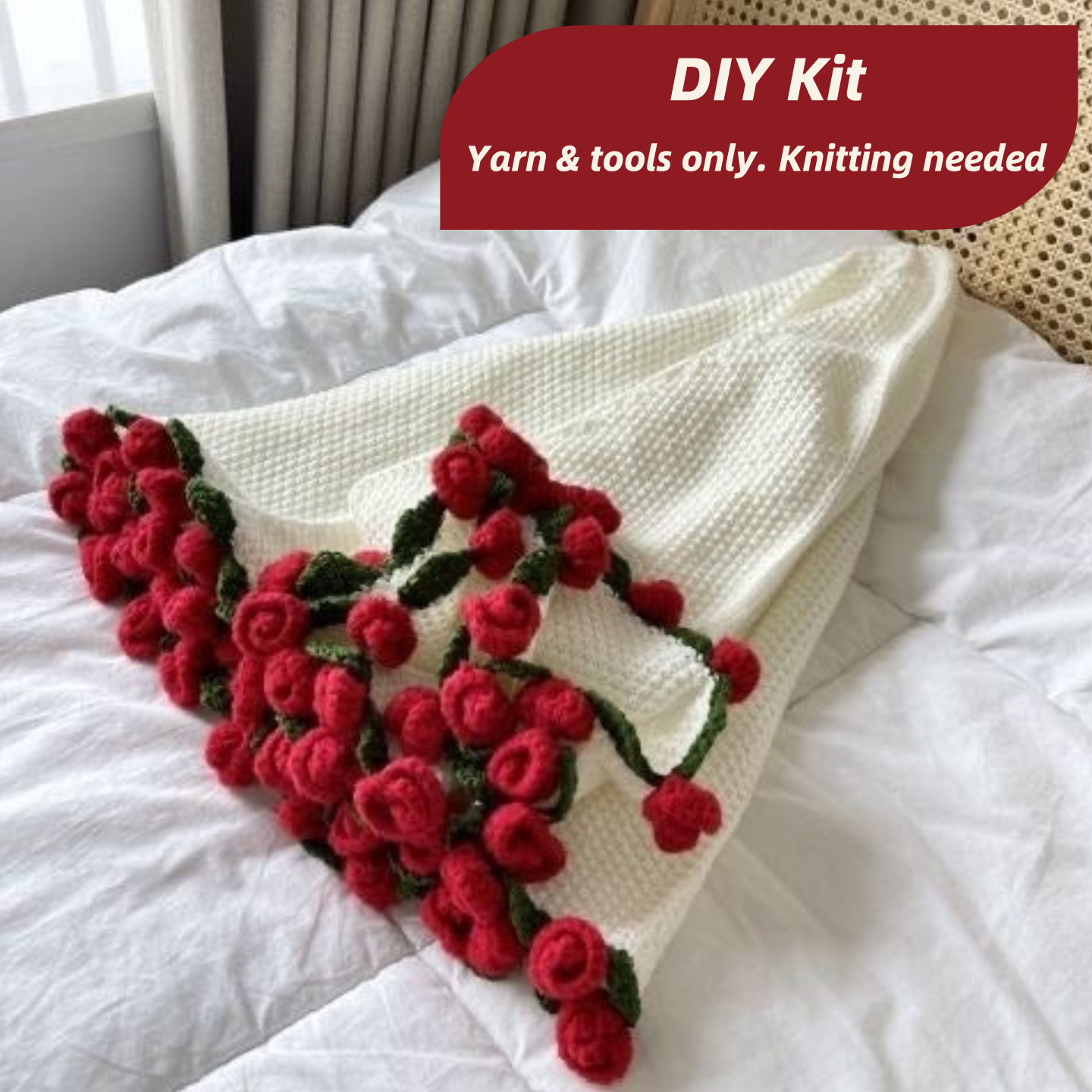 Hand-Knitted Rose Blanket DIY Craft Kit & Finished Gift – Perfect for Mother’s Day & Valentine’s Day (Buy 2 get 10% off)
