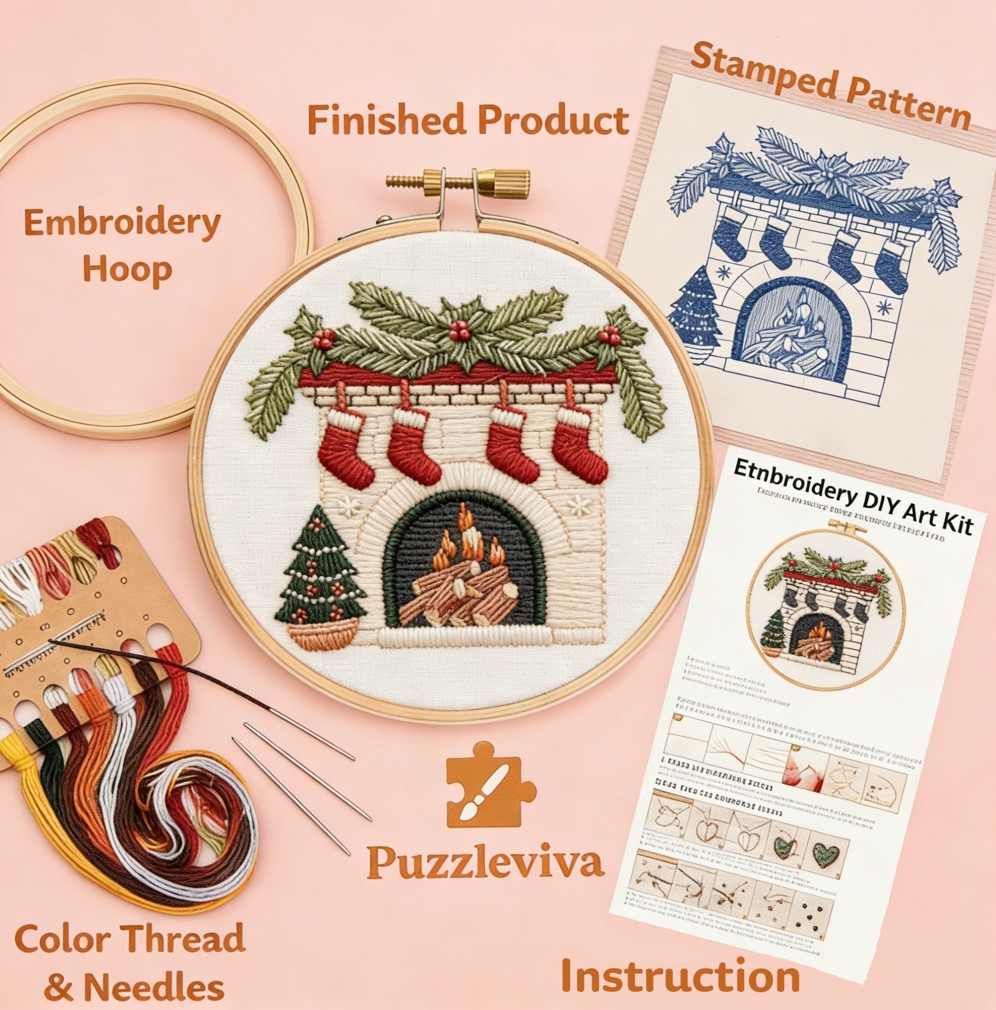 Cozy Christmas Fireplace Embroidery Kit