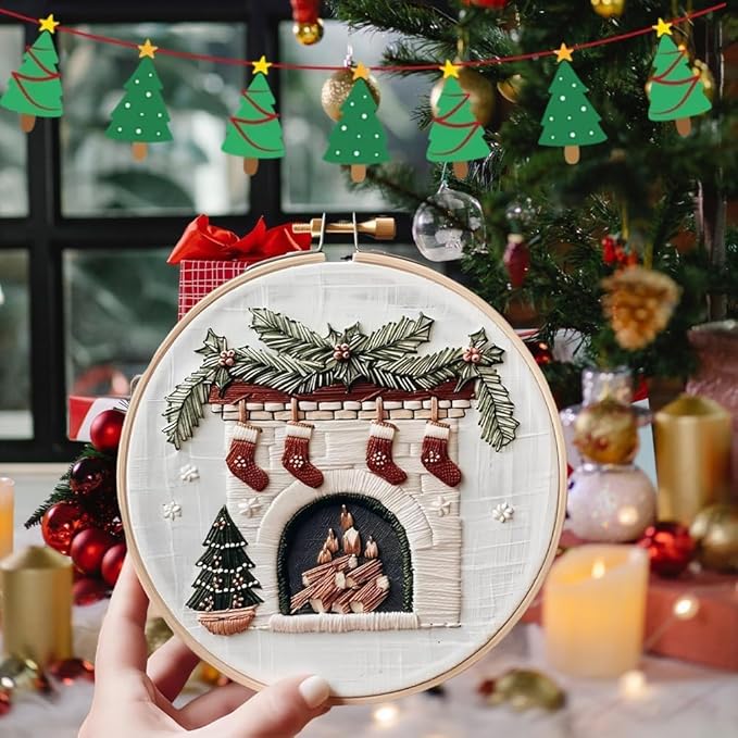 Cozy Christmas Fireplace Embroidery Kit
