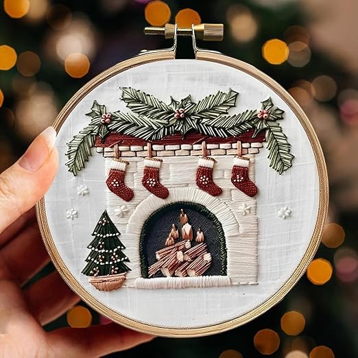 Cozy Christmas Fireplace Embroidery Kit