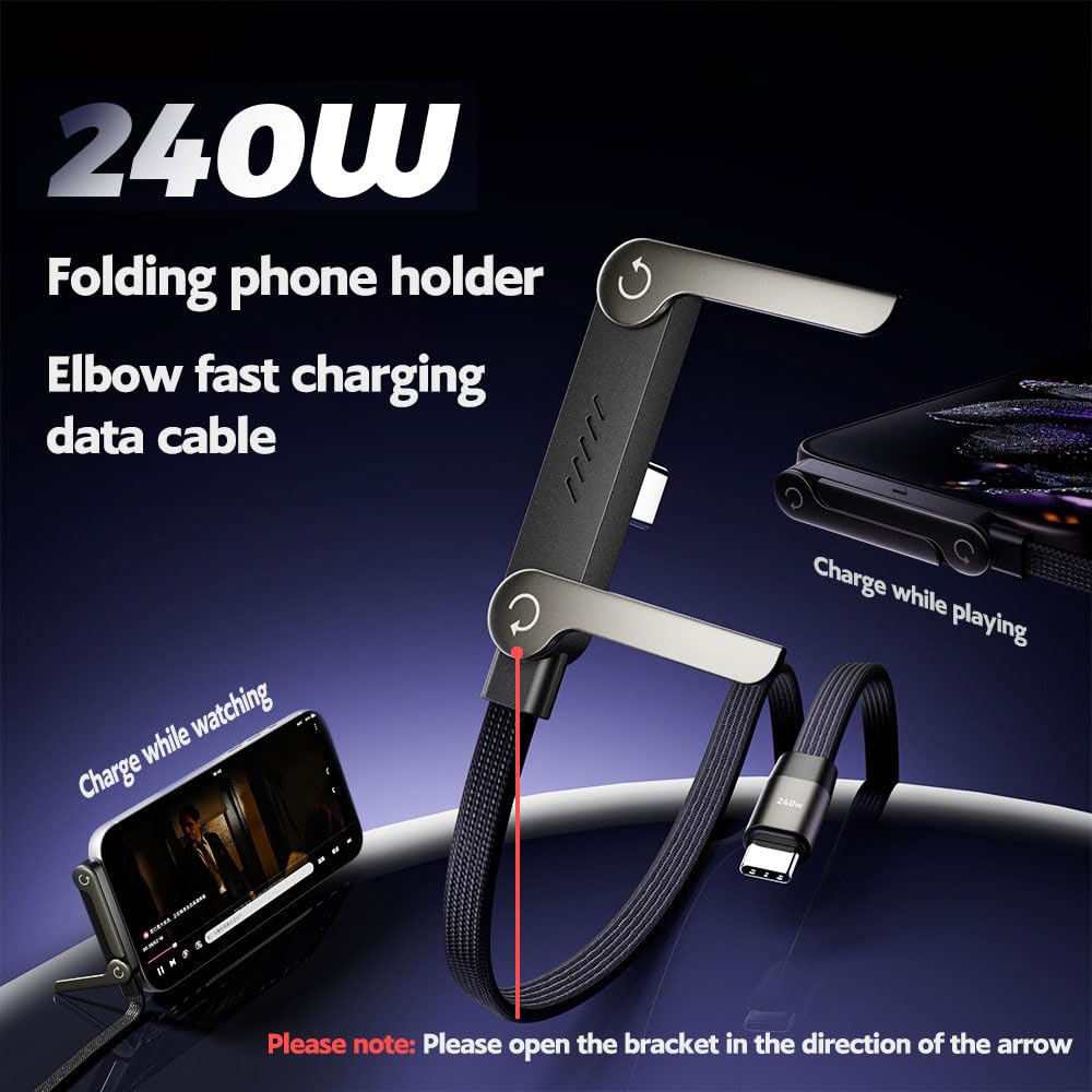 MFi-Certified Cables🔥2-in-1 Invisible Holder Charger Cable - 240W Fast Charging Cord with Built-In Phone Stand