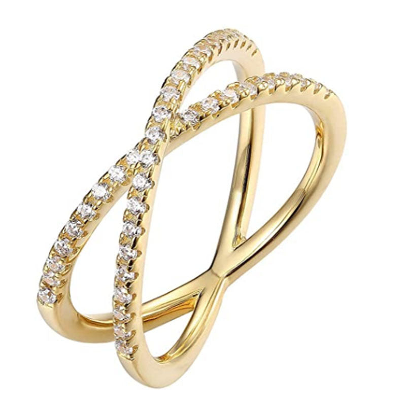 Anillo cruzado con circonitas cúbicas en forma de X bañado en oro de 14 quilates/vermeil de oro de 18 quilates: anillo de diamantes simulados para mujer