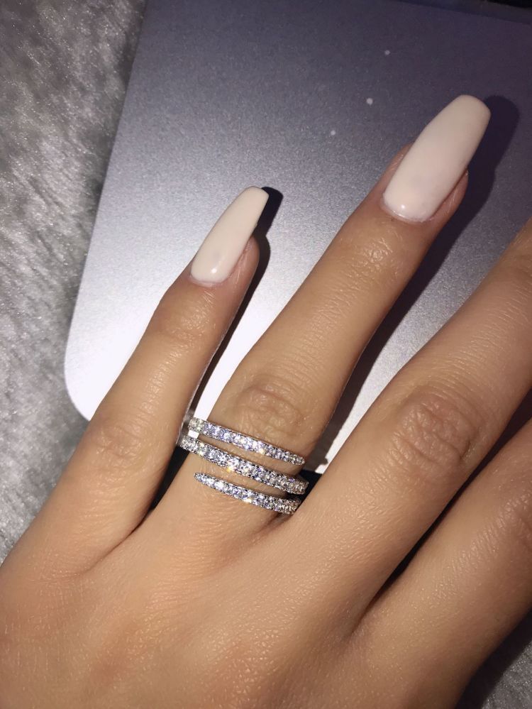 Anillo de cóctel con tres filas de diamantes y circonitas cúbicas, chapado en oro de 14 quilates o vermeil de oro de 18 quilates, para mujer | Anillo ajustable de circonitas de varias filas con banda abierta 